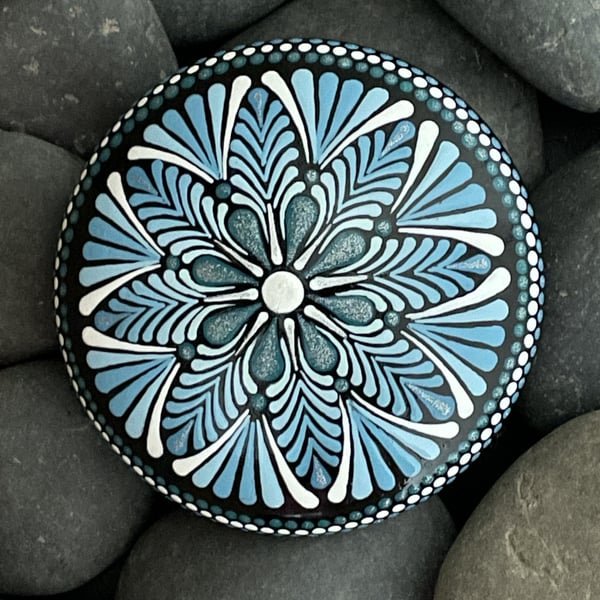 Blue Mandala Painted Rock Art Stone Acrylic Art Painting Hand Painted Unique
