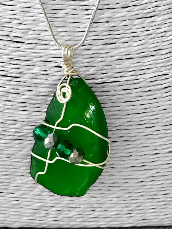 Dark Green Seaglass Pendant on sterling silver chain