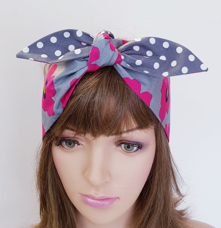 Reversible cotton hair scarf, self tie head scarf, floral and polka dot headband
