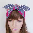 Reversible cotton hair scarf, self tie head scarf, floral and polka dot headband