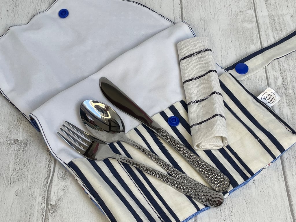 Travel cutlery roll with cutlery. Blue with dogs, spots and stripes
