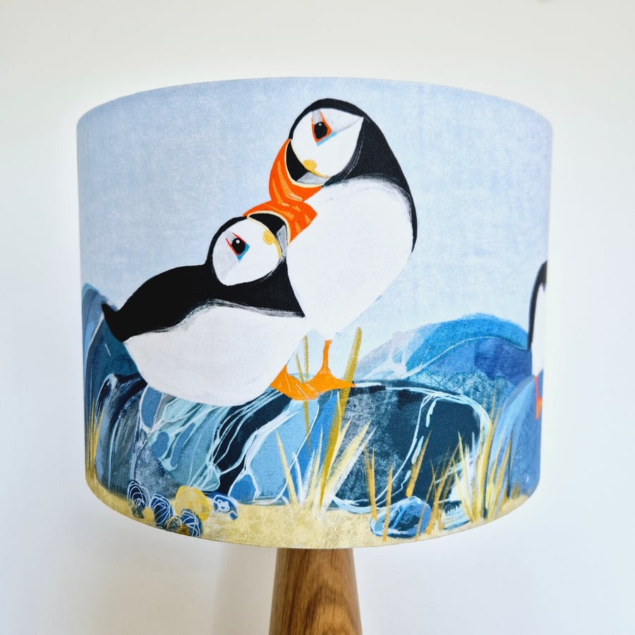 Coastal drum lampshade puffins handmade 