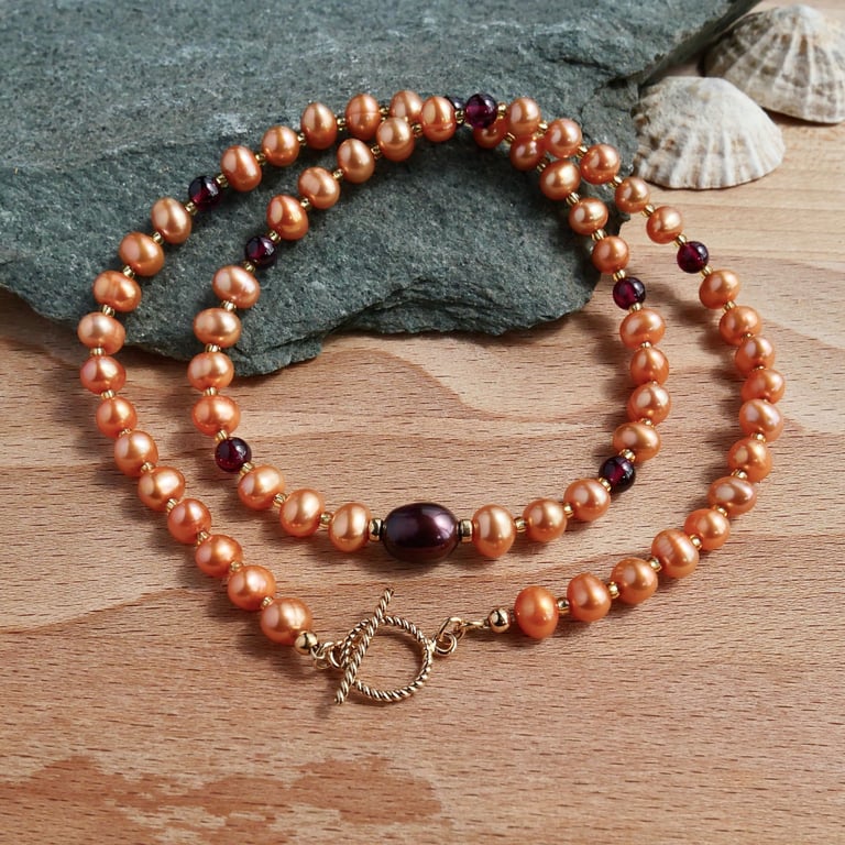 Soft Orange Pearl and Garnet Necklace - 14k Gold Filled Toggle Clasp