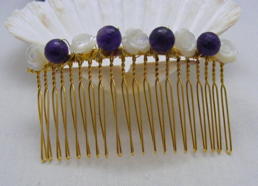 Mother of Pearl and Amethyst Hair Comb
