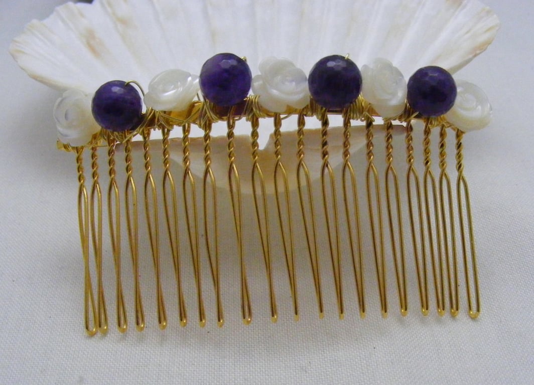 Mother of Pearl and Amethyst Hair Comb