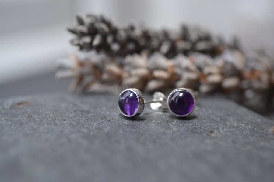 Amethyst stud earrings, sterling silver. February birthstone