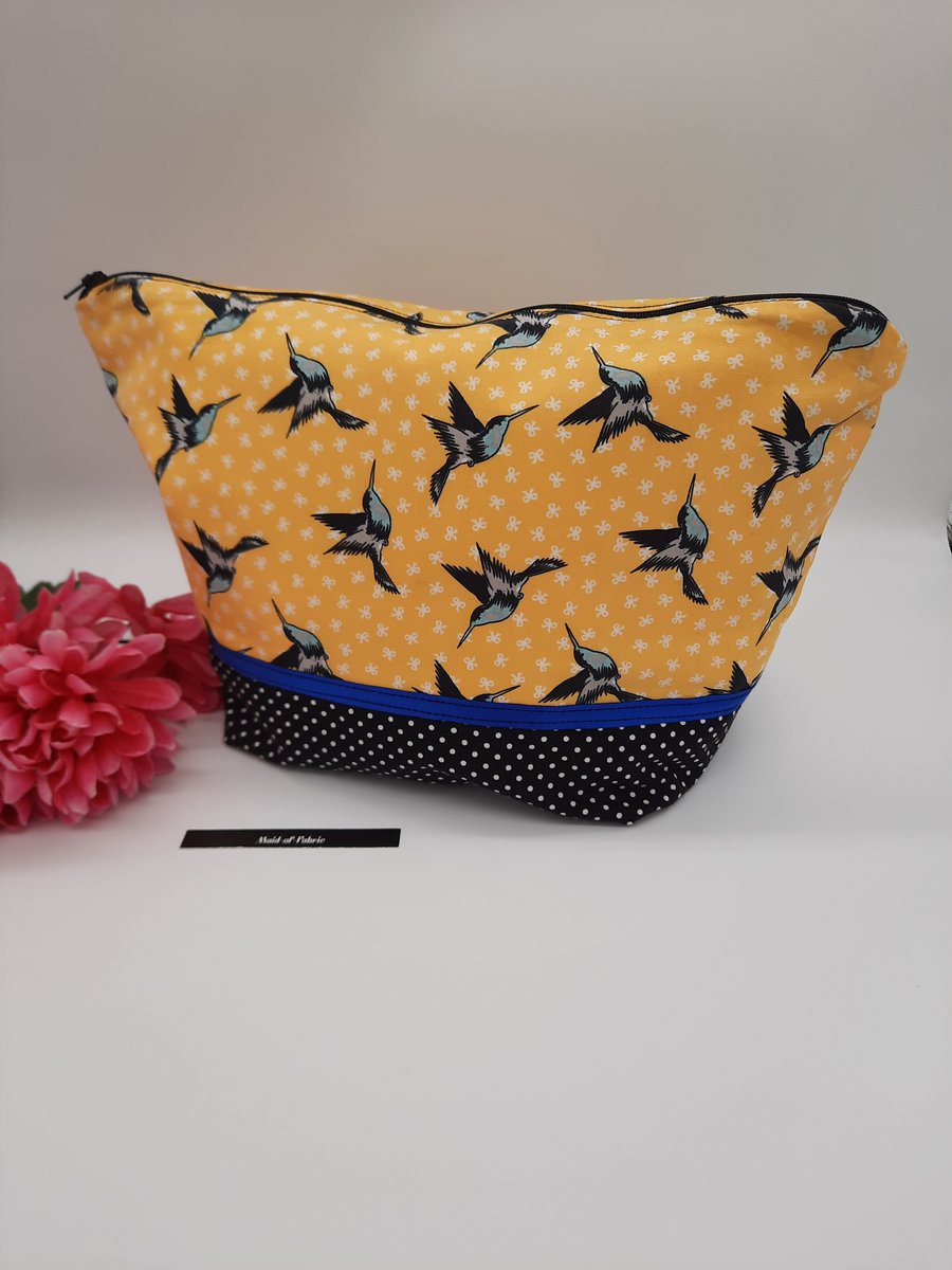 Make up storage bag, yellow bird cotton with black polkadot bottom