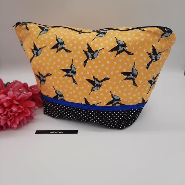 Make up storage bag, yellow bird cotton with black polkadot bottom