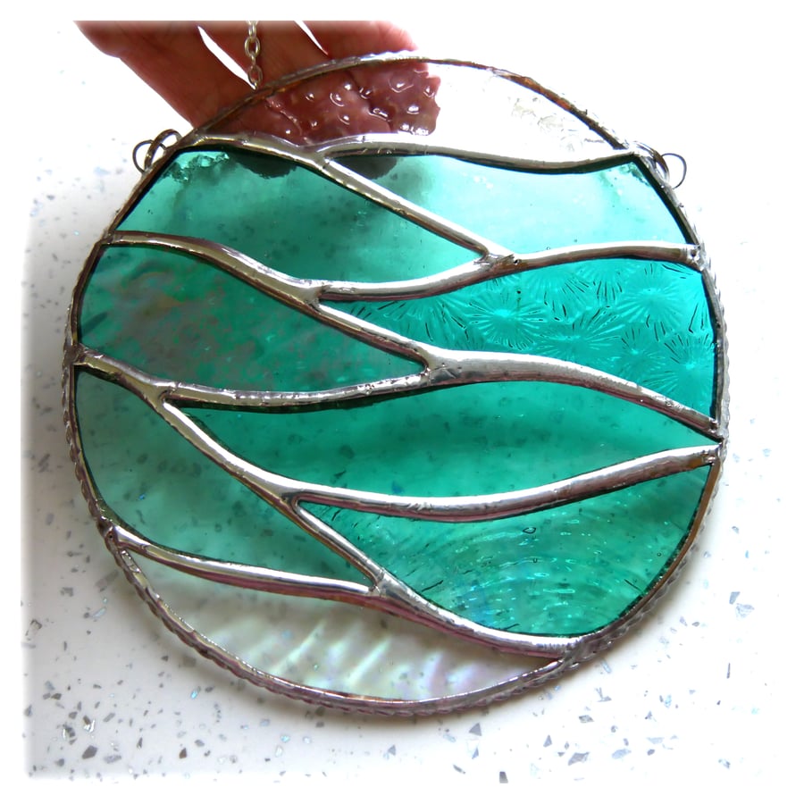 Making Waves Teal Stained Glass Suncatcher Handmade Ring Sea