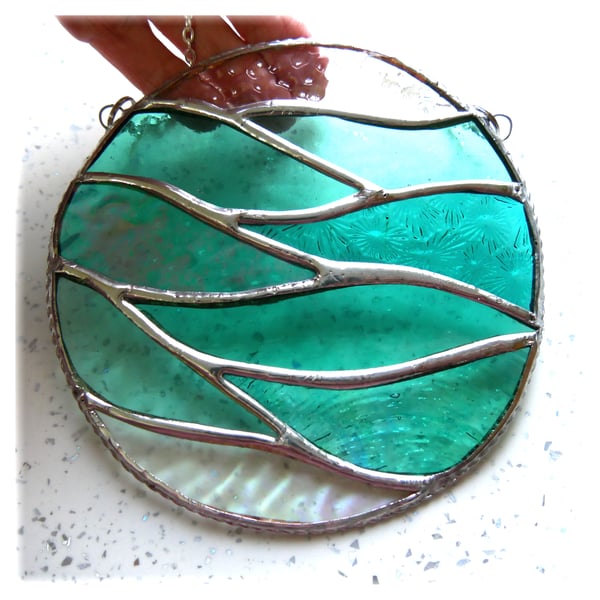 Making Waves Teal Stained Glass Suncatcher Handmade Ring Sea