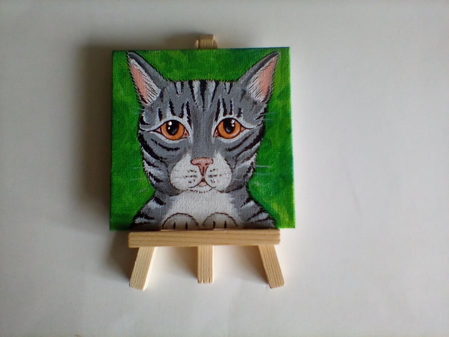 Cat Miniature Original Acrylic Painting with Easel Letterbox Gift Charity
