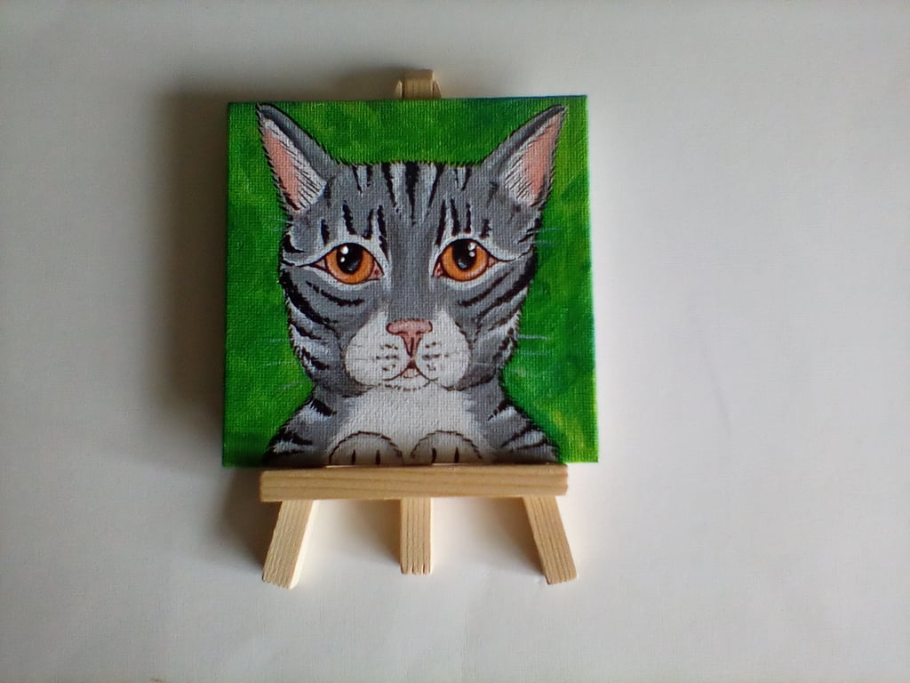 Cat Miniature Original Acrylic Painting with Easel Letterbox Gift Charity
