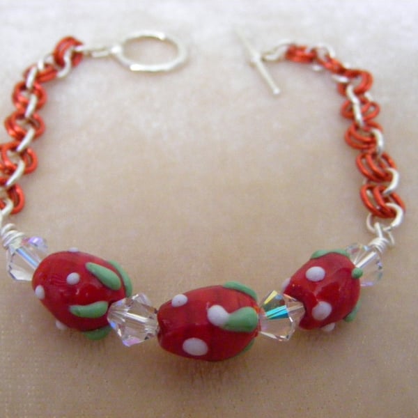 Strawberry and Crystal Chainmaille Bracelet