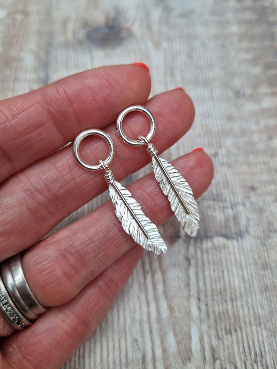 Sterling Silver Feather and Circle Hoop Stud Earrings