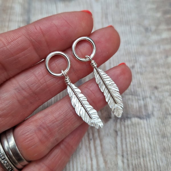 Sterling Silver Feather and Circle Hoop Stud Earrings