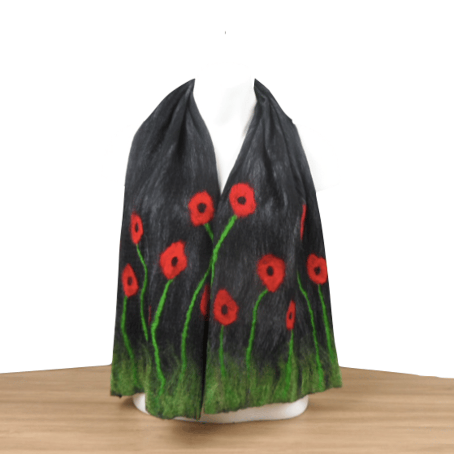Gift boxed merino wool on silk nuno felted scarf, black with poppy decoration