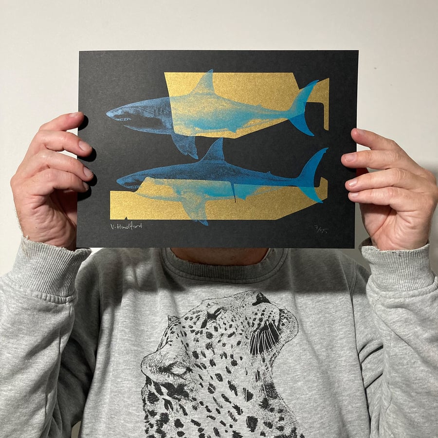 Screen Printed Poster - Shark Tank (Gold & Blue Ink)