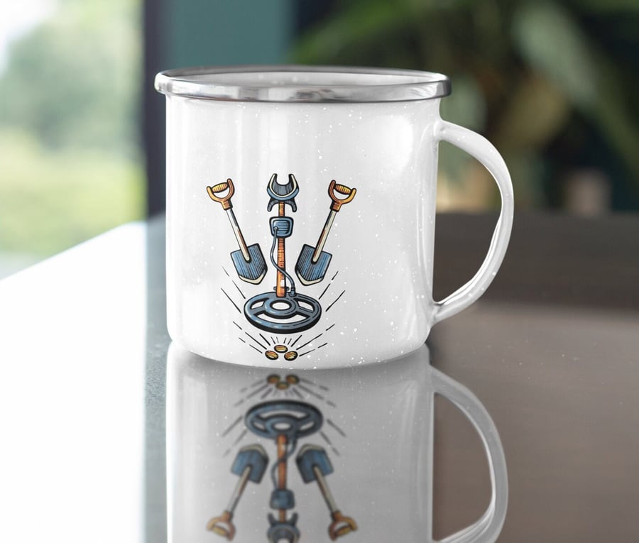 Personalised Metal Detecting Coffee Mug, Custom personalised enamel mug, persona