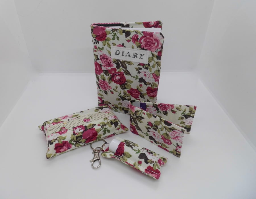 Set of 4 items in matching floral pink fabric