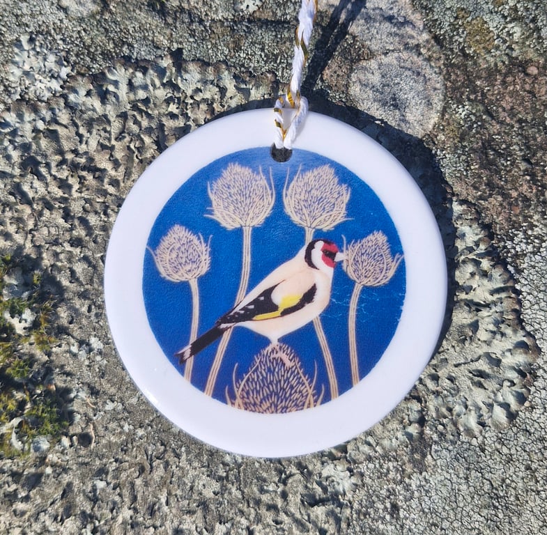 Goldfinch on Teasels Ceramic Hanging Bauble 