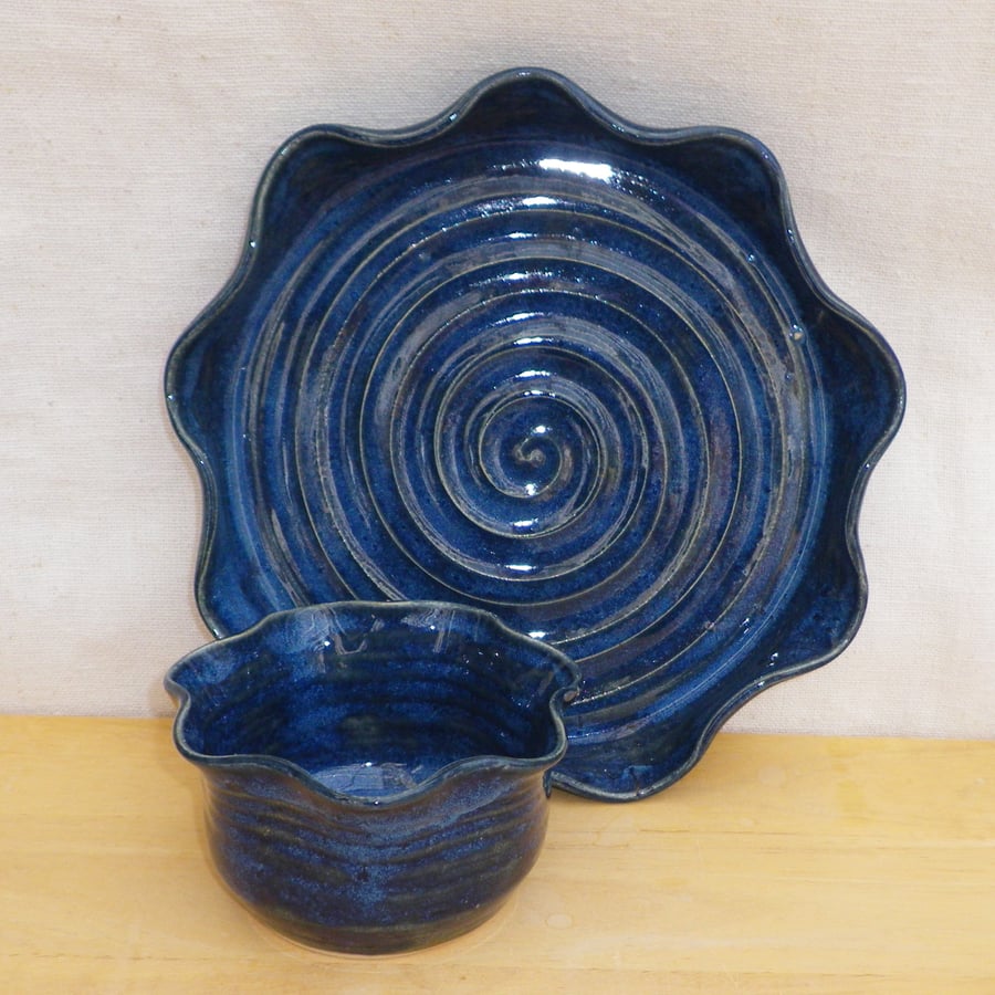 Chip and dip set hors doeuvres dish hand thrown in stoneware