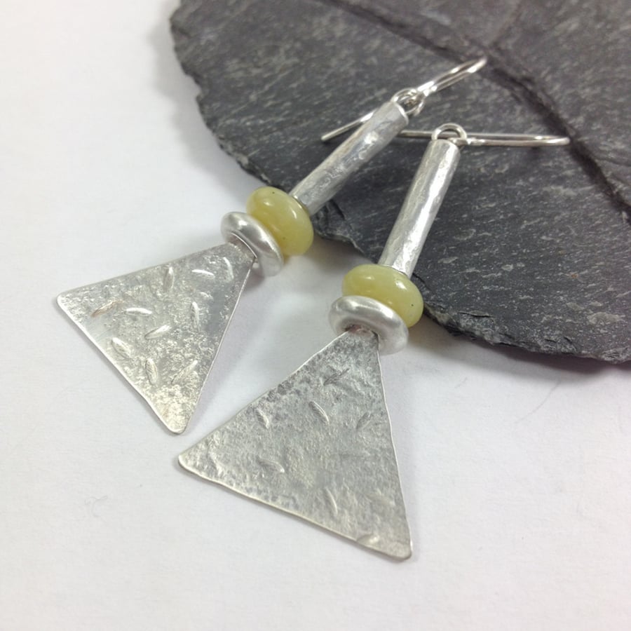 Long silver and butter jade tribal earrings