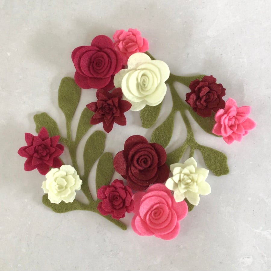 Pink Felt Flower Kit, Felt 3D flowers, Roll up felt flowers, Die cut felt flower