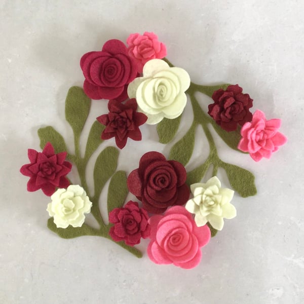 Pink Felt Flower Kit, Felt 3D flowers, Roll up felt flowers, Die cut felt flower