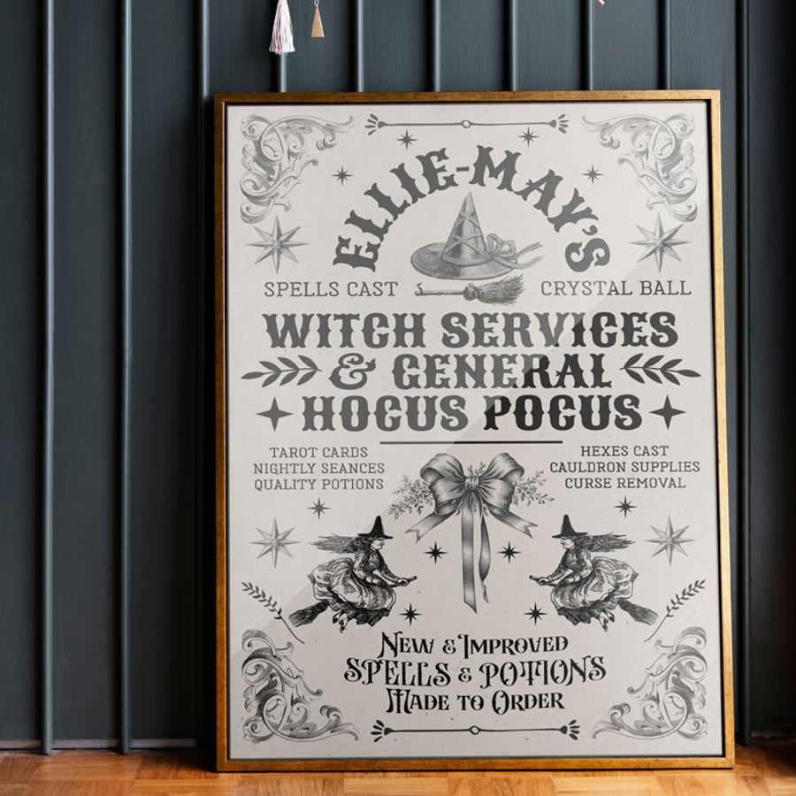 Personalised Witch Art Print - Magical Vintage Gift for Her