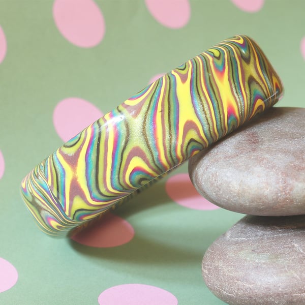 Bangle - Twisting Swirls - Handmade - Unique Retro Psychedelia  - Polymer Clay