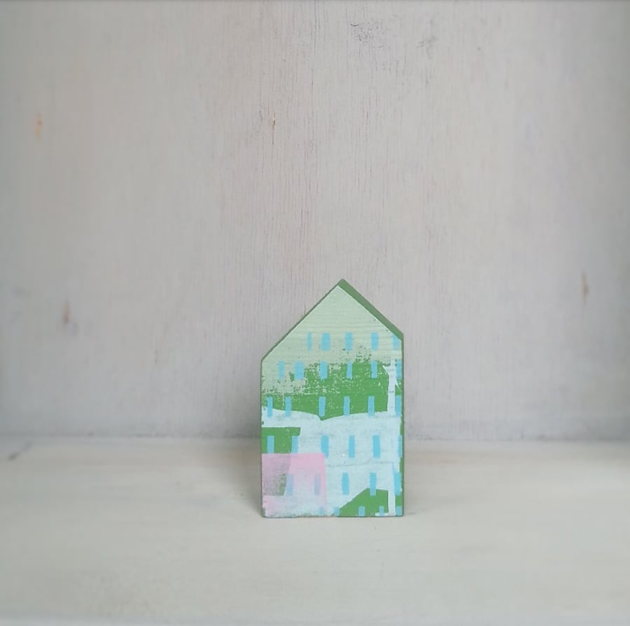 Miniature Wooden House, Little Green House, House Sculpture, 5th Anniversary 