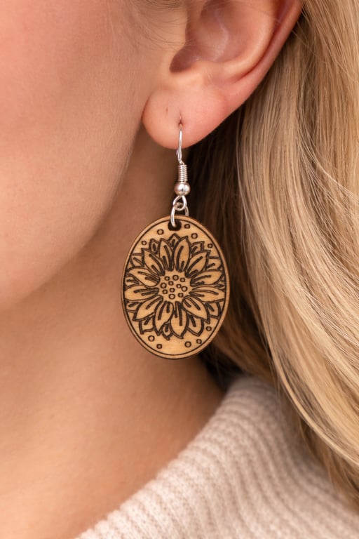Floral Wooden Earrings – Laser Engraved Lightweight Jewellery UK hand made