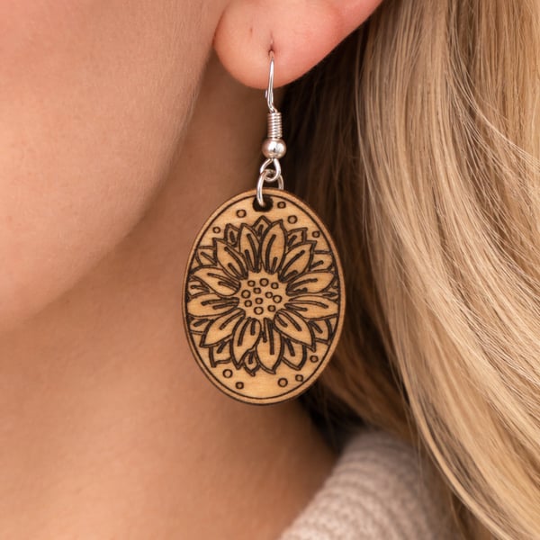 Floral Wooden Earrings – Laser Engraved Lightweight Jewellery UK hand made
