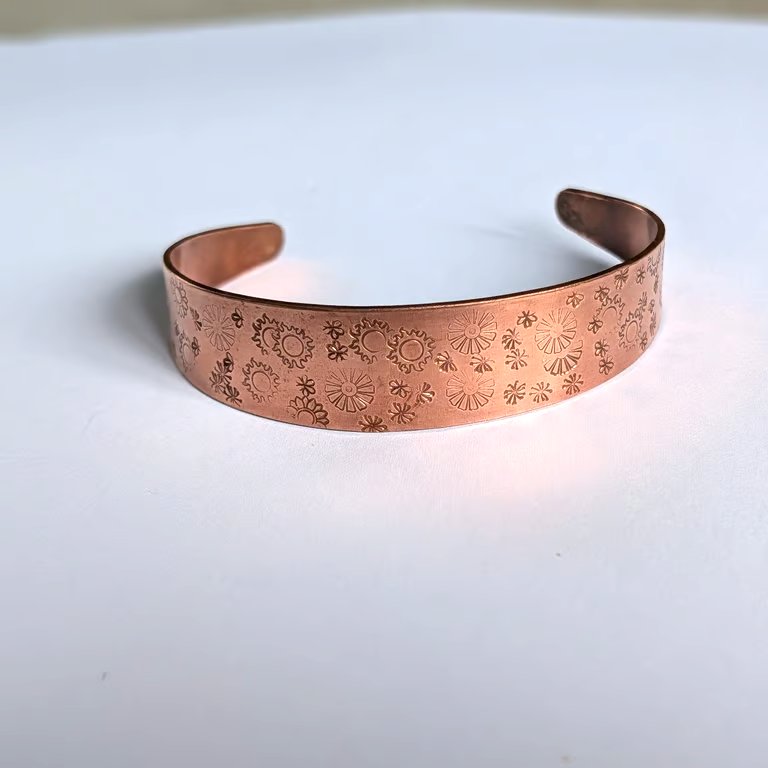 Copper Hand Stamped Flower Cuff 