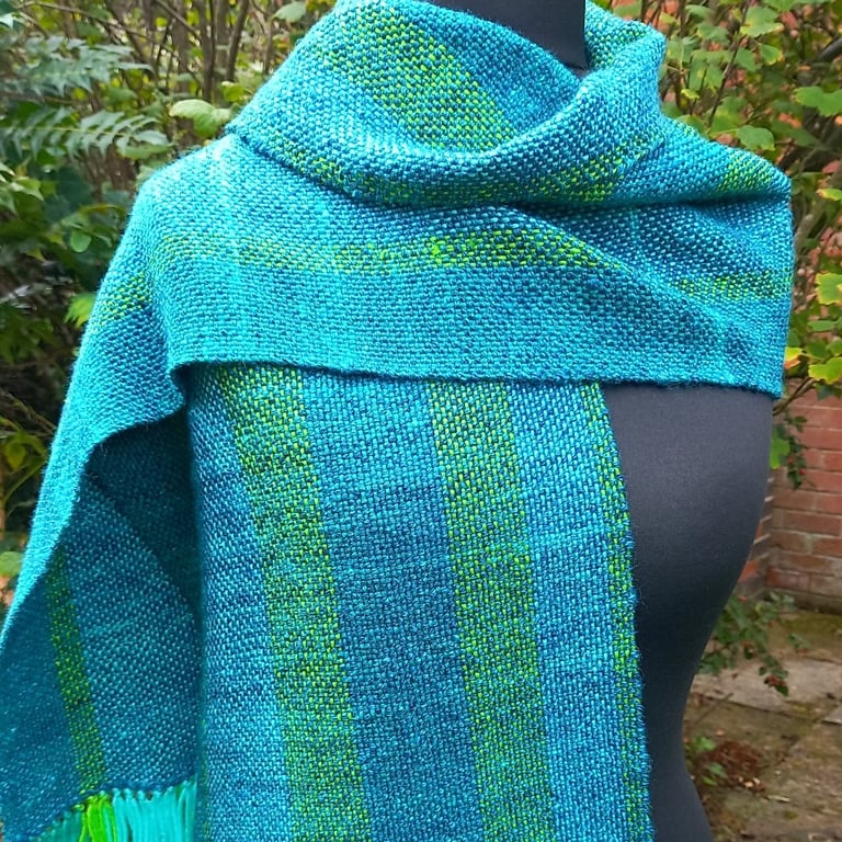 Handwoven Wool & Bamboo Scarf – Teal & Green