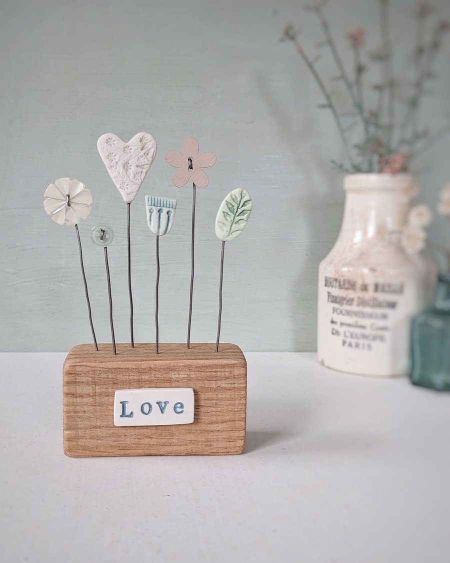Clay Heart and Flowers in a Button Garden Block 'Love'