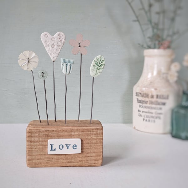 Clay Heart and Flowers in a Button Garden Block 'Love'