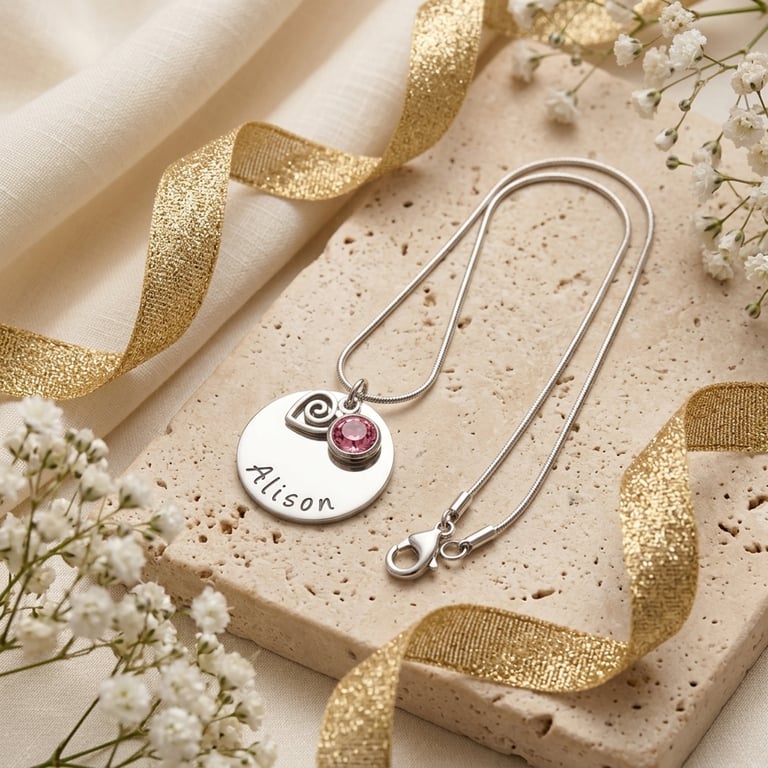 Personalised Necklace with Swirl Heart Charm and Birthstone  - Free Delivery