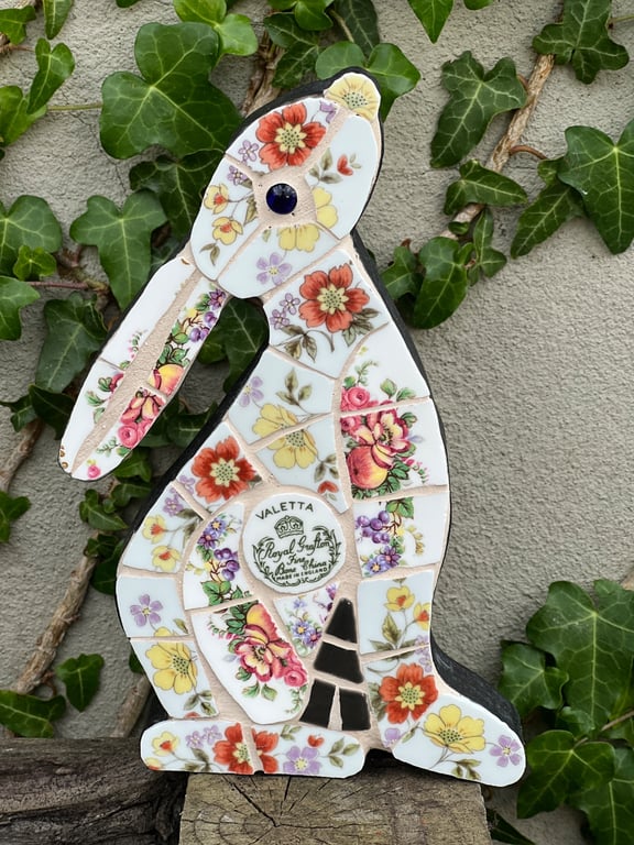 Mosaic Moon Gazing Hare, Made with Vintage china, Ceramic Mosaic Art