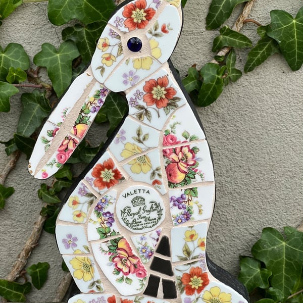 Mosaic Moon Gazing Hare, Made with Vintage china, Ceramic Mosaic Art