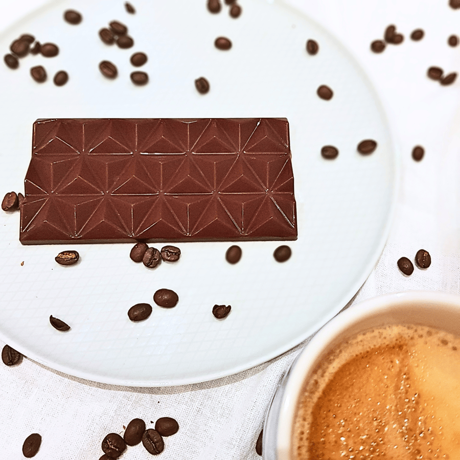 Mocha, coffee milk chocolate bar. Raw, organic and vegan.  Bean to bar.