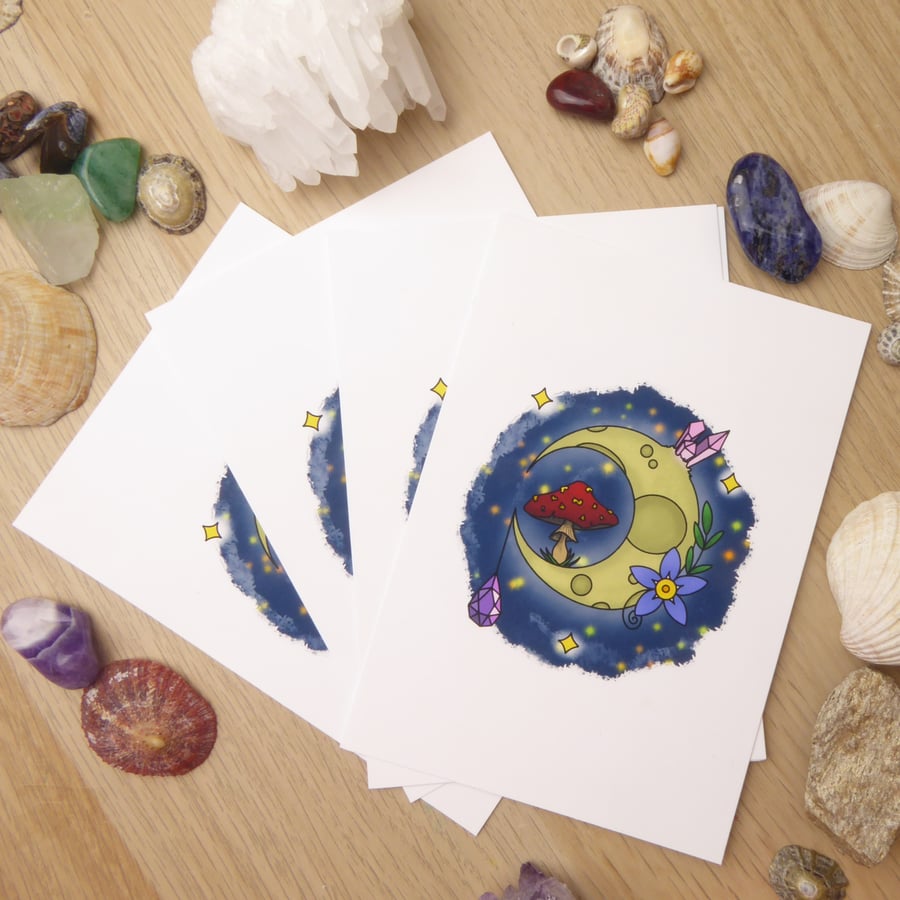 Celestial Illustration Mini Print, A6 Moon Stars Mushroom and Crystal Postcard