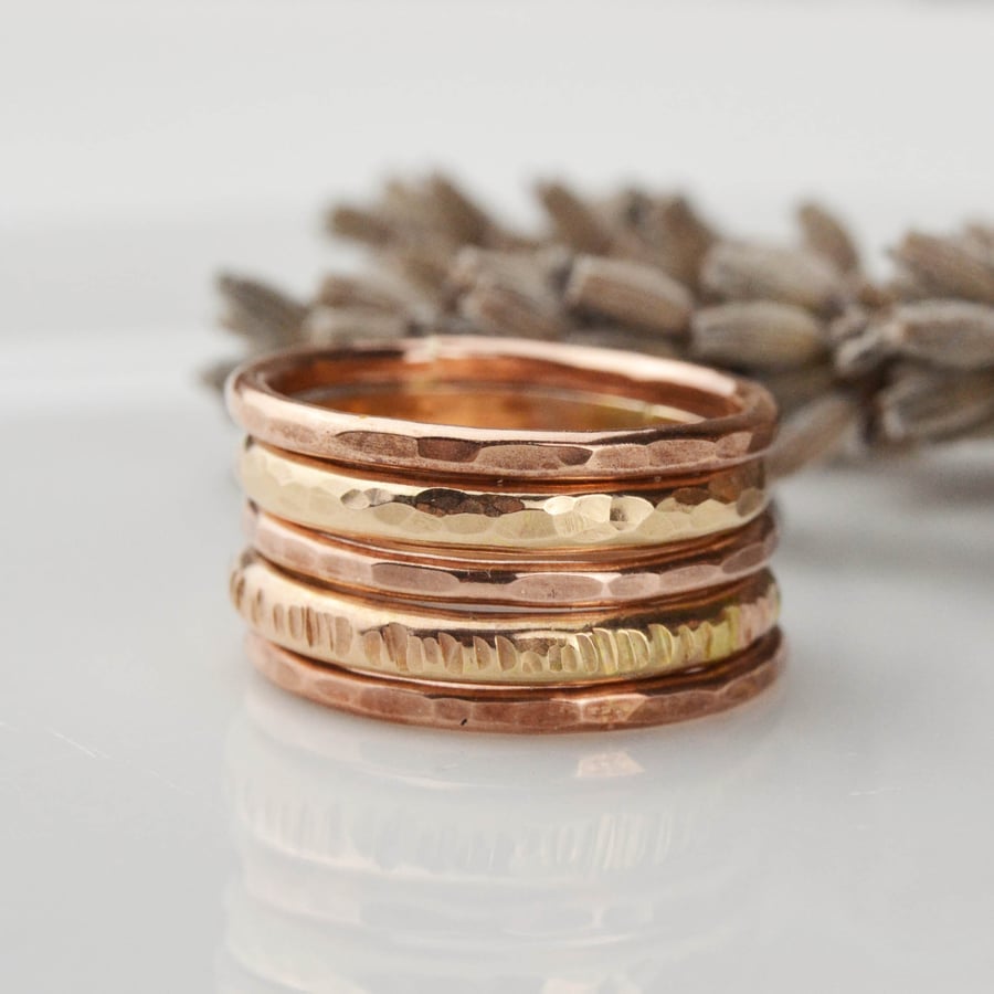 Copper and rolled gold stacking ring set