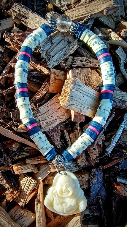 "Happy Traveller" - Stretchy polymer clay bracelet with laughing Buddha charm