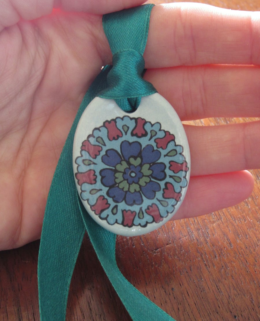 Ottoman Inspired Oval Ceramic Pendant on Adjustable Green Ribbon with Poppers