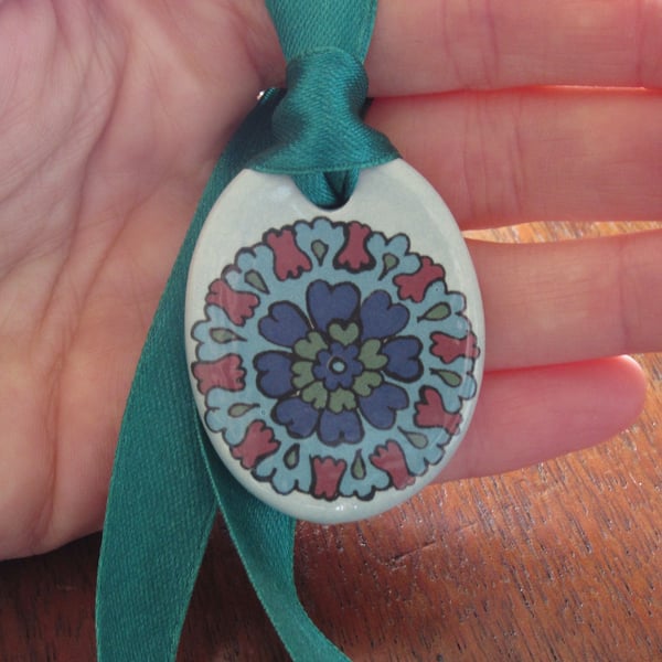 Ottoman Inspired Oval Ceramic Pendant on Adjustable Green Ribbon with Poppers