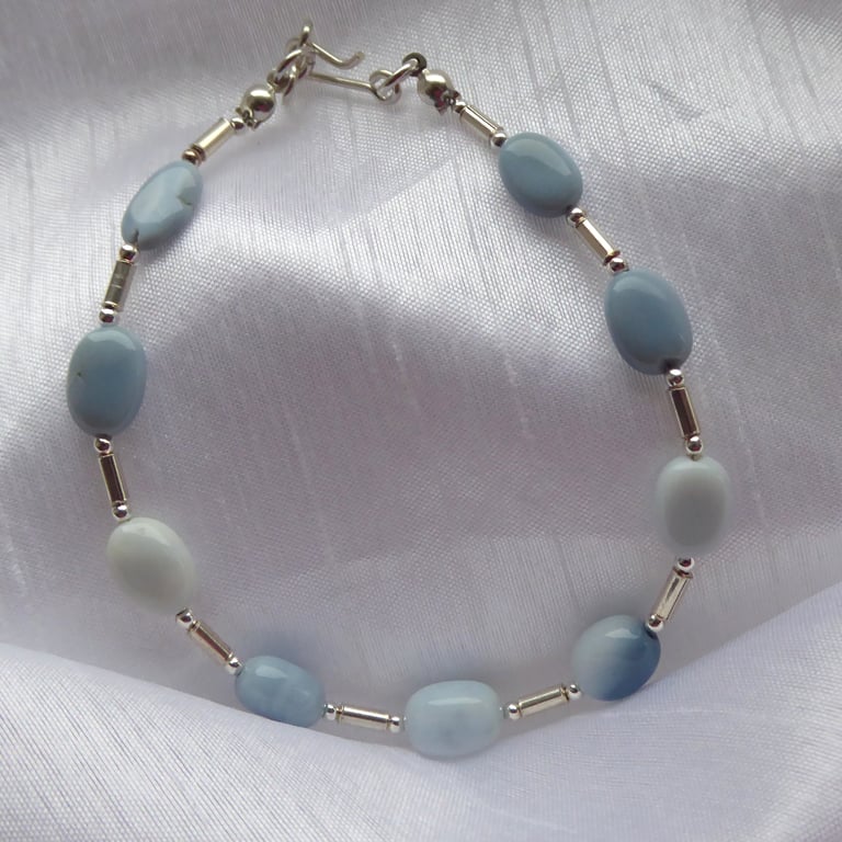 Blue Opal & Sterling Silver Beaded Bracelet - 8" long