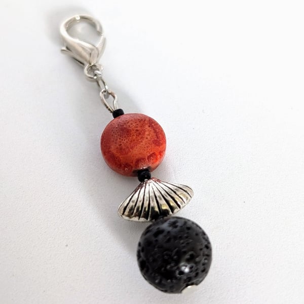 Beaded Charm For Planner Or Journal: Burnt Orange and Black, Tibetan Silver