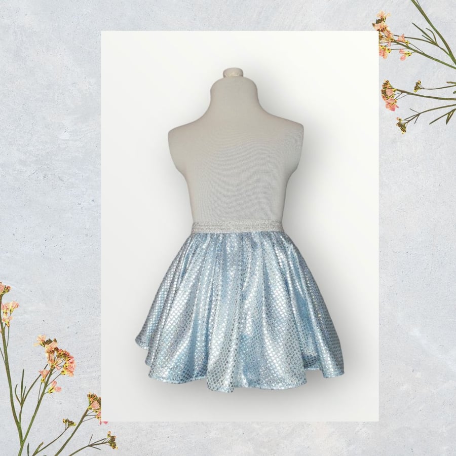 Holographic Heart Print Skater Skirt With Silver Elastic Waist. Age 2-5yrs