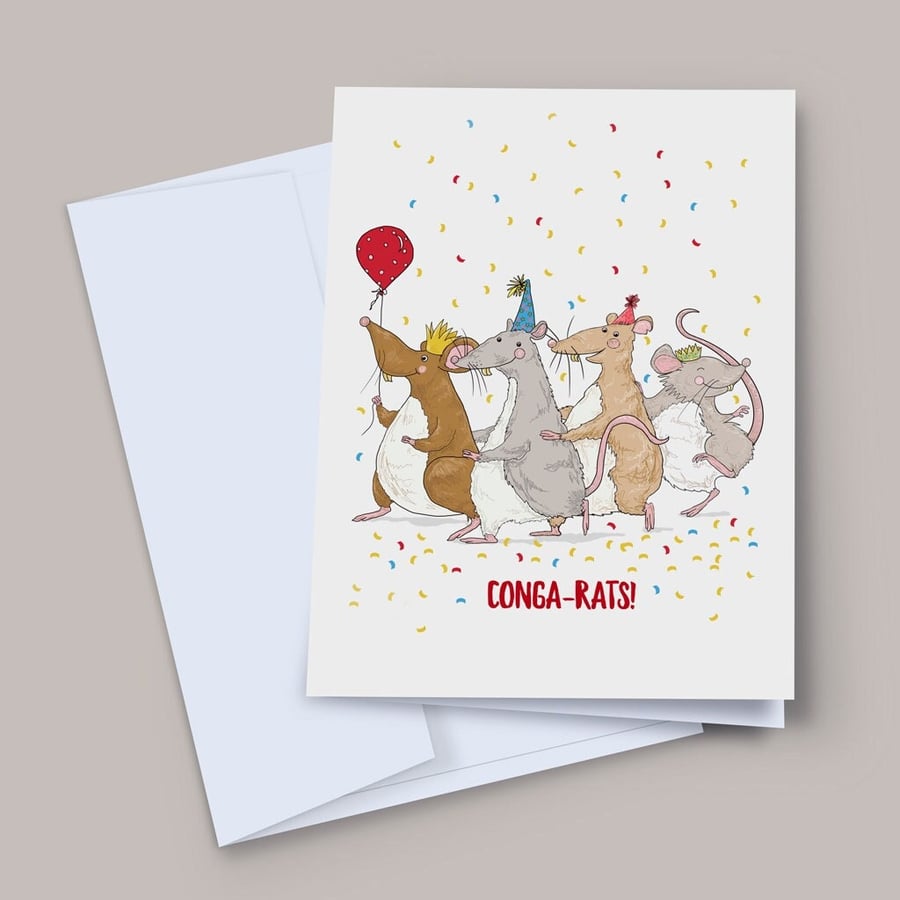 Cute Congratulations Card, Conga Rats Card, Graduation, Exam Success Card, Job